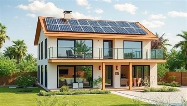 An eco-friendly home design with solar panels, rainwater harvesting system, and energy-efficient appliances, showcasing the blend of sustainability and modern architecture.