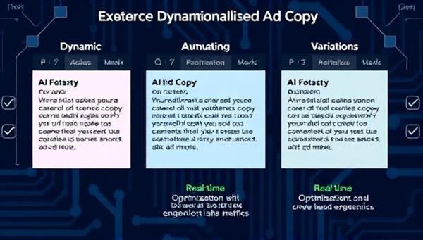 An AI interface displaying dynamic ad copy variations tailored to different audience segments, with real-time optimization based on engagement metrics, illustrating the adaptive and data-driven nature of the personalized ad copy service.