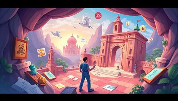 An immersive illustration of a user navigating through a virtual language learning quest, interacting with language puzzles and challenges in a vibrant and engaging gaming environment, highlighting the fun and educational aspects of the platform.