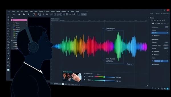 An innovative interface displaying a user verbally instructing the design tool to adjust website elements, with colorful voice waveforms and responsive design changes appearing on the screen, showcasing the seamless and interactive experience of VoiceDesign Assist.