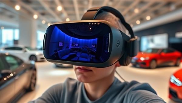 A virtual reality headset displaying a user exploring a high-end car showroom in immersive detail, interacting with virtual cars and customizing features in a futuristic and captivating VR experience with AutoVR Showcase.
