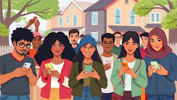 An engaging digital illustration showing a diverse group of neighbors using smartphones to report suspicious activities and share updates on a map-based community platform, emphasizing the collaborative and vigilant nature of the Neighborhood Property Watch service.