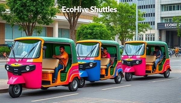 An urban setting with vibrant electric tuk-tuks lined up for shuttle services, showcasing the colorful and eco-friendly transportation options of EcoHive Shuttles, with passengers boarding and enjoying the distinctive ride experience.