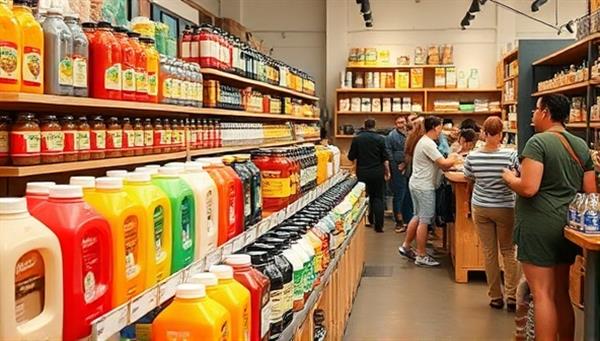 An inviting store layout showcasing rows of refillable containers filled with colorful eco-friendly products like shampoo, detergent, and spices, with customers happily refilling their containers and engaging with sustainable living practices, conveying a sense of environmental responsibility.