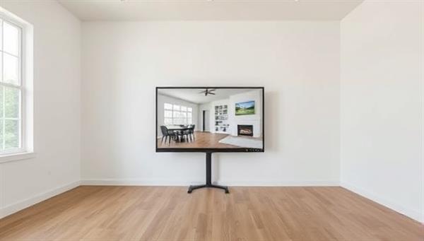 An empty room with a computer screen displaying a side-by-side comparison of a non-staged and virtually staged room, highlighting the transformation potential and visual impact of virtual staging on property presentation.