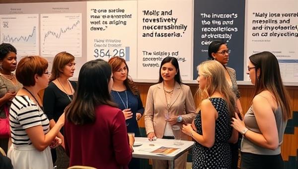 A networking event scene with diverse women engaging in investment discussions and sharing success stories, surrounded by financial charts and empowering quotes, showcasing the supportive and inclusive environment of SheInvest Society for female investors.