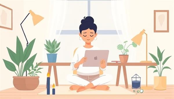 An emotional digital illustration of a remote worker practicing mindfulness and self-care in a home office setting, surrounded by calming elements like plants, candles, and relaxation tools, symbolizing the mental wellness support and care provided by MindfulRemote Care