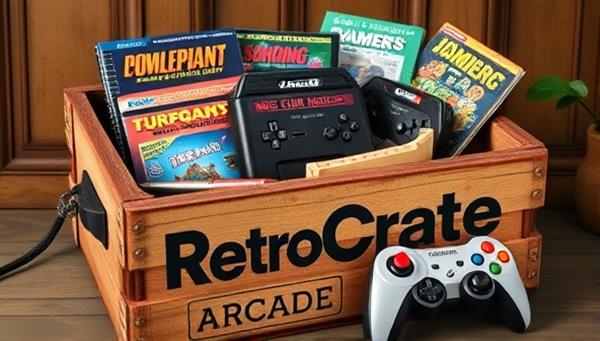 An artistic representation of a vintage wooden crate filled with retro gaming treasures like classic game cartridges, retro controllers, and old gaming magazines, evoking a sense of nostalgia and excitement for RetroCrate Arcade subscribers.