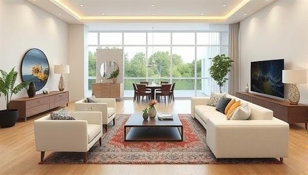 A digital rendering showcasing a beautifully designed living room with virtual furniture placements, creating a seamless blend between the virtual and physical space.
