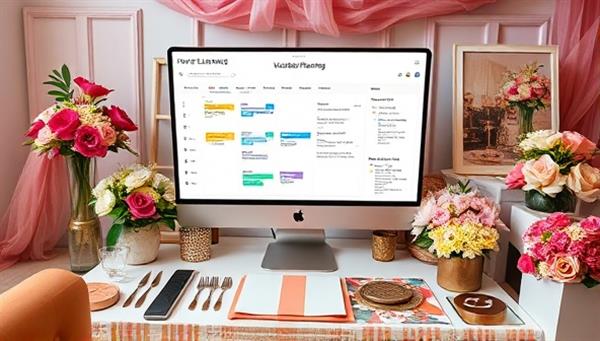 A virtual event planning consultation setup featuring a digital event timeline, mood board, and vendor contacts, surrounded by event decor samples, floral arrangements, and party supplies, creating a vibrant and festive event planning atmosphere.