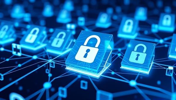 A futuristic digital representation of a blockchain network securing and encrypting personal data files for background verification, with transparent and interconnected blocks symbolizing the trust and integrity of information verified by TrustChain Verify.