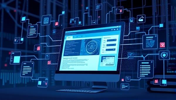 An illustration of a futuristic AI analyzing a website interface with data streams and optimization suggestions popping up around the screen, depicting advanced technology and efficiency in improving web performance.