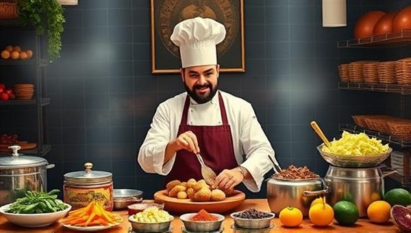 An artistic depiction of a virtual culinary tour featuring a renowned chef demonstrating cooking techniques from a foreign cuisine, surrounded by digital representations of exotic ingredients, spices, and cooking tools, creating an immersive and educational culinary experience for participants.