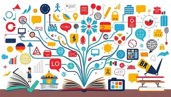 An artistic representation of diverse language symbols and communication icons intertwined with learning materials, books, and digital devices, illustrating the interconnected world of language coaching and translation services by LingoLink Coaches.