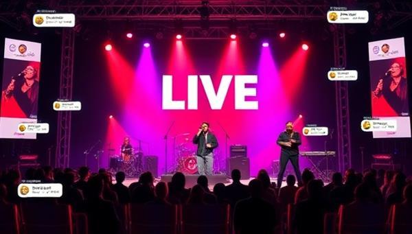 A dynamic visual of a virtual concert stage with a band performing live, surrounded by virtual spectators interacting with emojis and comments, creating a vibrant and engaging virtual concert atmosphere on the platform.
