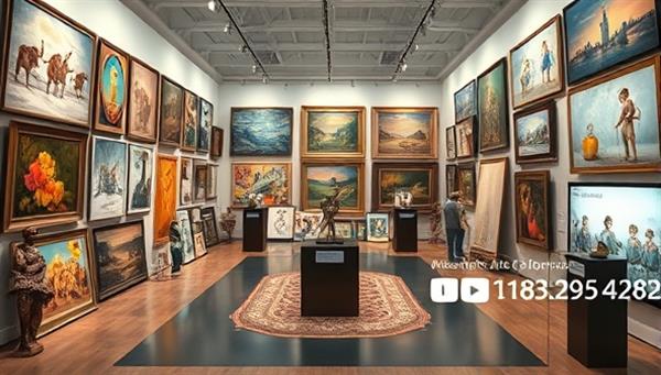 An immersive virtual art gallery filled with diverse art pieces, from paintings to sculptures, with digital displays showing current bids and auction details, creating an interactive and visually appealing online art auction experience that mirrors a real-world art gallery setting.