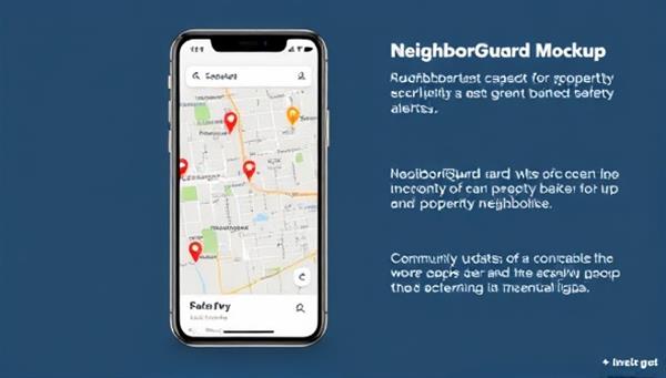 An app interface mockup displaying a map with pinned properties, safety alerts, and community updates, illustrating the NeighborGuard app