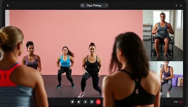 An online fitness class scene with a diverse group of participants following a virtual workout led by a coach, showcasing the platform