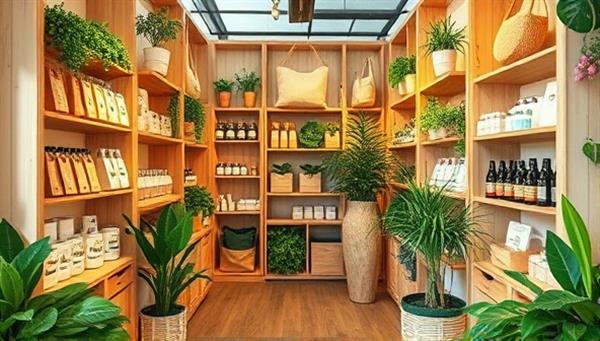 A vibrant and inviting pop-up shop filled with natural wood displays showcasing a variety of sustainable products such as reusable bags, organic skincare, and upcycled home decor, surrounded by green plants for a fresh and eco-conscious vibe.