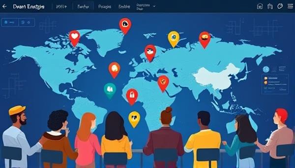 A digital interface showing an interactive map with pins representing different community activities, surrounded by diverse avatars engaging in discussions and sharing ideas, symbolizing connectivity and community involvement.