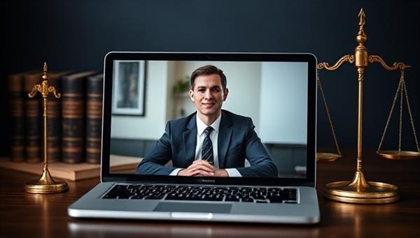 An interactive virtual meeting setup with a lawyer providing legal advice via video call to a client on a digital device, with legal books and a scale of justice in the background, symbolizing accessibility and professionalism in online legal consultations.