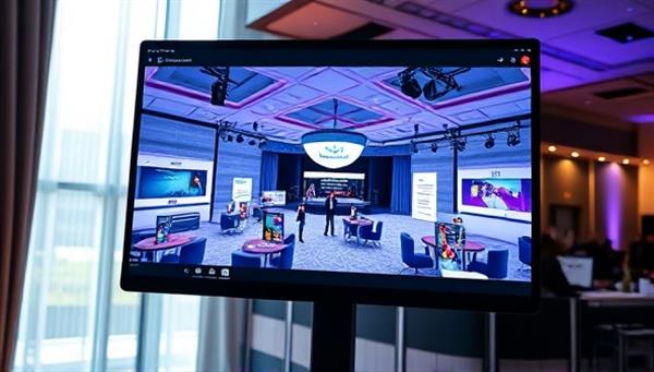 An engaging virtual event environment displayed on a computer screen, featuring a beautifully designed virtual conference hall with interactive booths, networking lounges, and live streaming stages, illustrating the innovative and immersive nature of virtual event planning and coordination.