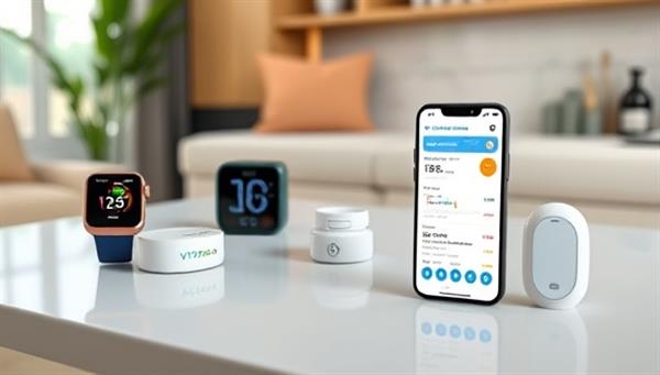 A modern home environment with a range of health monitoring devices displayed on a smart home table, including a smartwatch, blood pressure monitor, and glucose meter, all connected to a smartphone displaying personalized health data insights and notifications from VitaTrack Wellness, promoting proactive health monitoring and wellness management.