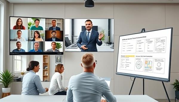 An engaging virtual meeting setup with diverse participants on screens, a facilitator leading the discussion, interactive polls displayed, and a virtual whiteboard for collaborative brainstorming, illustrating dynamic online engagement.