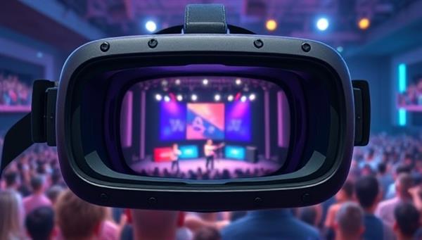 An immersive VR headset showcasing a virtual concert stage with a crowd of avatars enjoying the show, capturing the essence of a live music experience in a digital world.