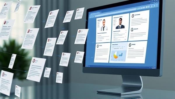 A dynamic visual of resumes flowing through a digital screening process on a computer screen, with AI algorithms analyzing candidate profiles and highlighting top matches, illustrating the efficiency and accuracy of the screening software.