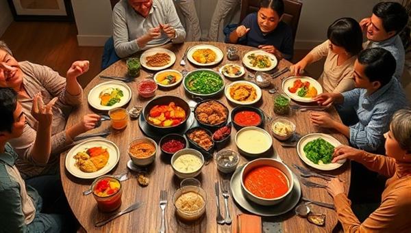 An eclectic dining table set with colorful international dishes, exotic spices, and cooking utensils, surrounded by a diverse group of people engaging in a virtual dining experience, symbolizing cultural exchange and culinary diversity.