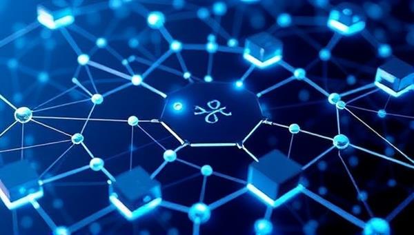 A modern and futuristic visualization of interconnected blockchain blocks forming a digital marketplace hub, symbolizing the secure and transparent ecosystem of BlockDesign Hub for web designers and clients.