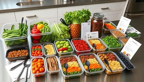 An array of colorful, pre-portioned ingredients neatly arranged in meal prep containers, accompanied by recipe cards and cooking utensils on a sleek kitchen counter, illustrating the convenience and freshness of the meal prep subscription service.