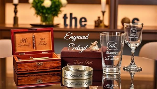 An elegant display featuring a variety of engraved gifts, including a wooden jewelry box with intricate engravings, a personalized metal bracelet, and engraved glassware, arranged on a stylish table against a backdrop of soft lighting and decorative accents, showcasing the sentimentality and craftsmanship of the products.