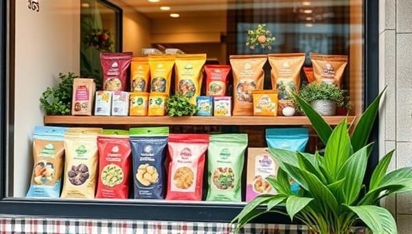A storefront window display featuring a variety of colorful and eco-friendly food packaging options, with vibrant green plants accentuating the environmentally friendly theme.