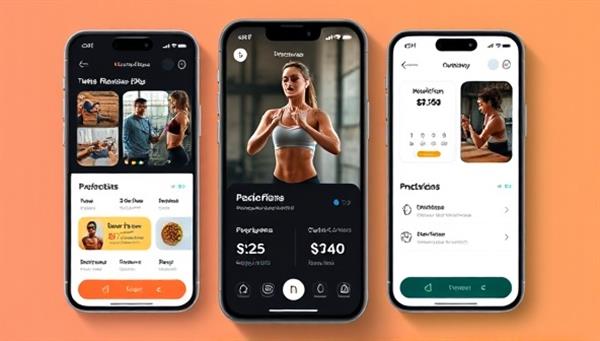 An engaging app interface displaying personalized fitness plans, nutrition recommendations, and progress tracking features, with a virtual coach guiding users through workouts, creating a dynamic and interactive fitness experience.