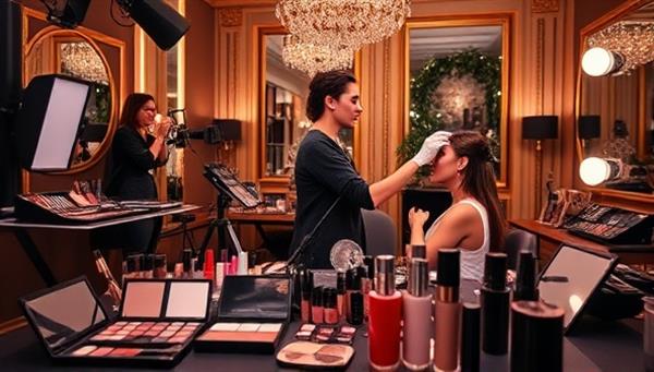An elegant virtual makeup studio setup featuring a professional makeup artist conducting a live tutorial on a model, surrounded by a variety of makeup products and tools, creating a glamorous and educational atmosphere.
