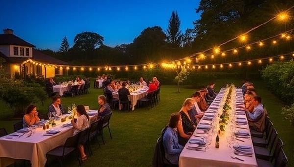 An outdoor pop-up dining setup in a picturesque garden setting, with long communal tables adorned with elegant table settings and guests enjoying a multi-course meal under the stars, evoking a sense of culinary enchantment.