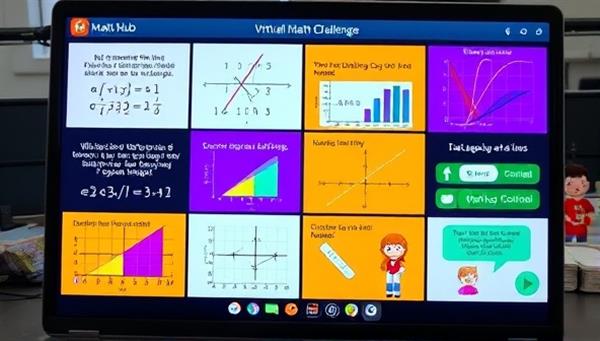 A dynamic virtual math challenge session displayed on a computer screen, featuring a mix of mathematical equations, colorful graphs, and animated characters engaging in problem-solving activities, illustrating the interactive and educational nature of MathQuest Hub.