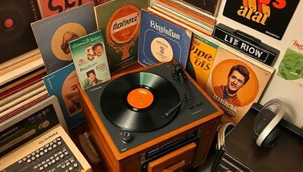 A cozy listening corner with a vintage record player spinning a classic vinyl record, surrounded by a collection of vintage records, headphones, and music memorabilia, creating a nostalgic and immersive music experience.