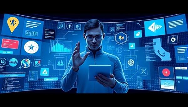 A futuristic interface showing a user interacting with a virtual tutor powered by AI, surrounded by dynamic language exercises and immersive language environments, symbolizing cutting-edge language learning technology.