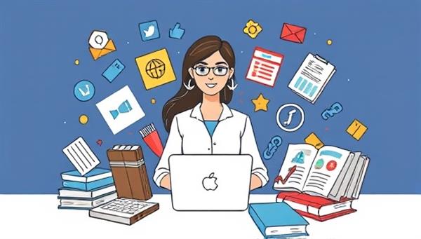 An illustration of a small business owner surrounded by various marketing tools and resources, including laptops, social media icons, and marketing guides, symbolizing empowerment and knowledge through the Marketing Maven Kit subscription service.