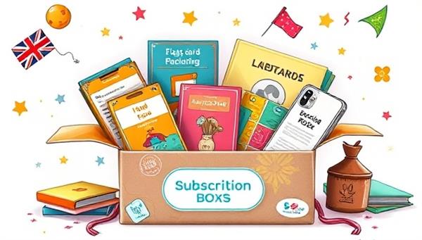 An artistic representation of a colorful subscription box filled with language learning materials like flashcards, books, cultural artifacts, and a digital language learning app, conveying a sense of excitement and discovery.