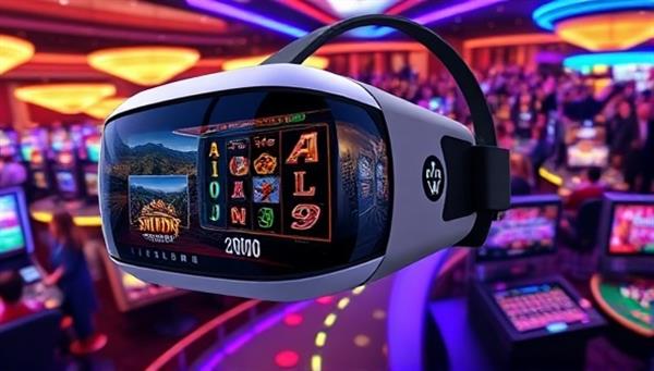 A futuristic VR headset displaying a dynamic virtual casino environment with 3D slot machines, roulette tables, and a bustling digital crowd, capturing the excitement and realism of the VR casino experience.