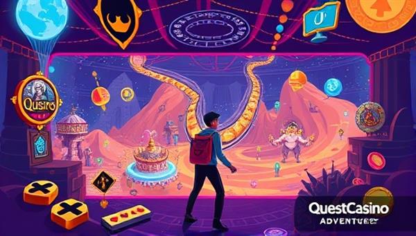 An immersive casino adventure illustration featuring a player avatar embarking on quests, unlocking rewards, and exploring a virtual world filled with casino games and challenges, highlighting the dynamic and engaging nature of the QuestCasino Odyssey platform.