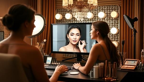 An elegant virtual beauty studio setup with a professional makeup artist demonstrating techniques on a model through a video call, surrounded by a backdrop of luxurious beauty products and tools, creating a virtual beauty oasis.