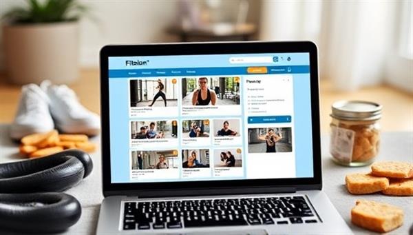 A laptop displaying a virtual fitness training platform with workout videos, progress trackers, and trainer feedback, surrounded by fitness equipment and healthy snacks, conveying the convenience and motivation of FitFusion in achieving fitness goals from home.