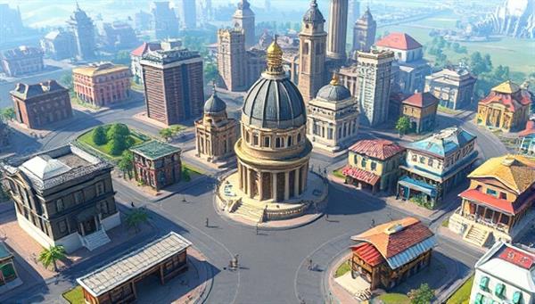 An immersive visual representation of a bustling virtual real estate marketplace within a popular gaming world, showcasing diverse properties, auctions, and player avatars engaging in transactions, highlighting the lucrative and dynamic nature of GameLand Ventures.