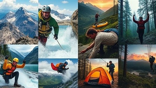 An action-packed collage showcasing diverse adventure activities like mountain climbing, white-water rafting, zip-lining, and wilderness camping, capturing the essence of thrilling experiences and outdoor exploration, inspiring viewers to embark on epic adventures.