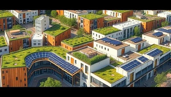 An urban landscape featuring eco-modular buildings with green roofs, solar panels, and rainwater harvesting systems, showcasing the environmentally friendly and modern aesthetics of modular construction solutions.